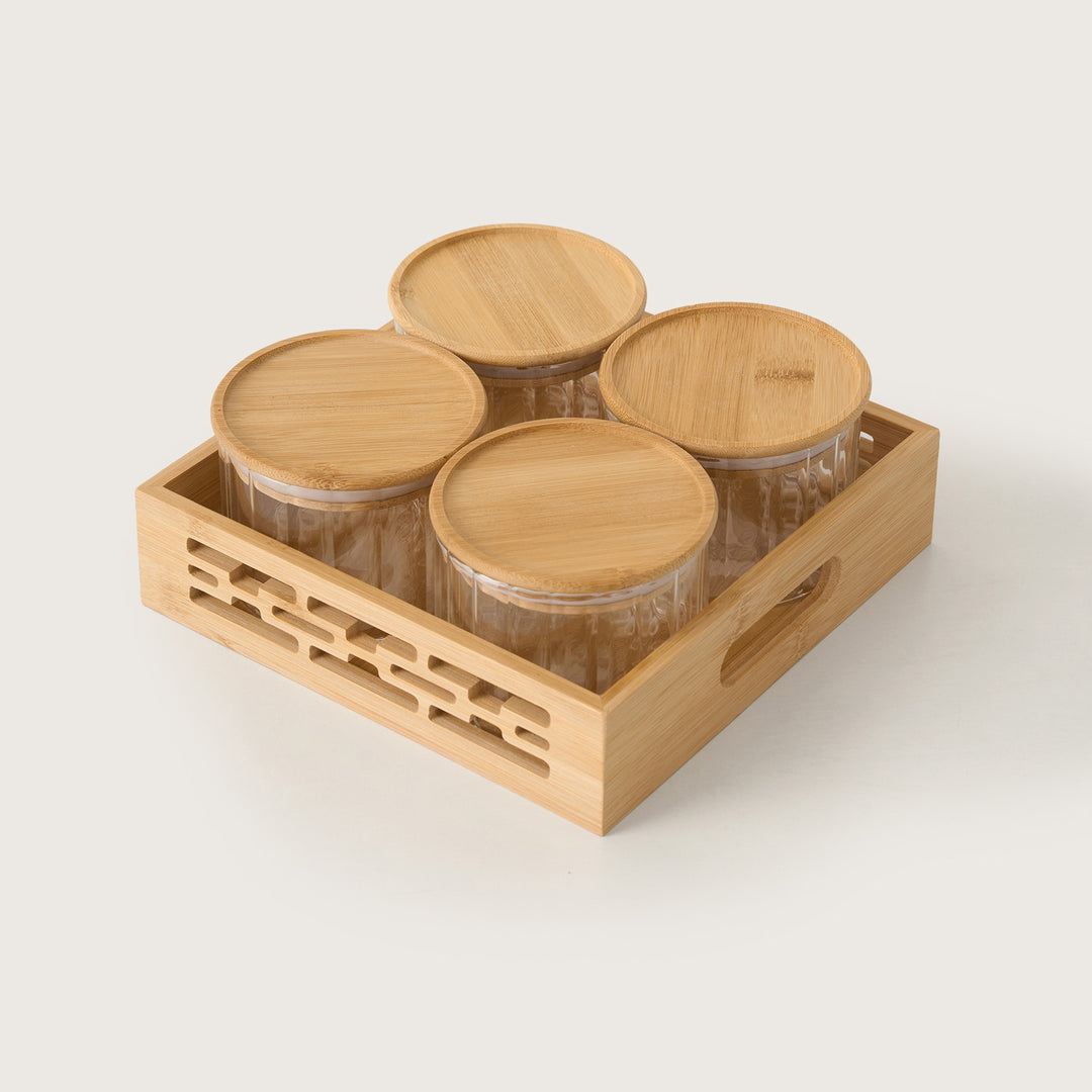 4-Piece Ribbed Glass Canister Set with Bamboo Tray