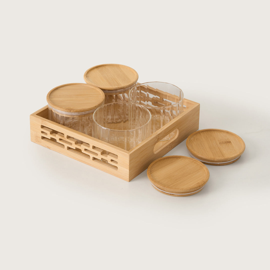 4-Piece Ribbed Glass Canister Set with Bamboo Tray