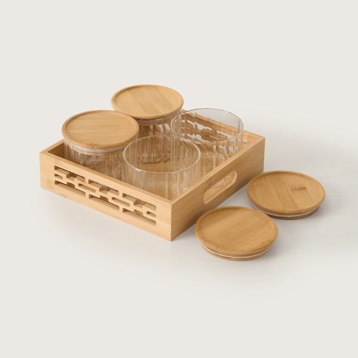 4-Piece Ribbed Glass Canister Set with Bamboo Tray