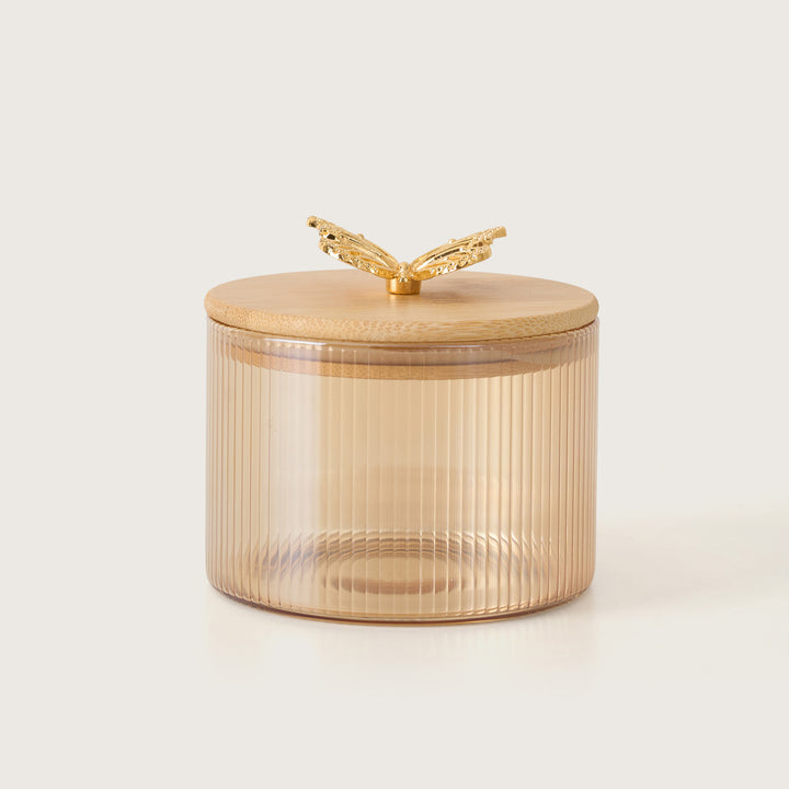 Ribbed Amber Glass Canister Set with Gold Butterfly Lids
