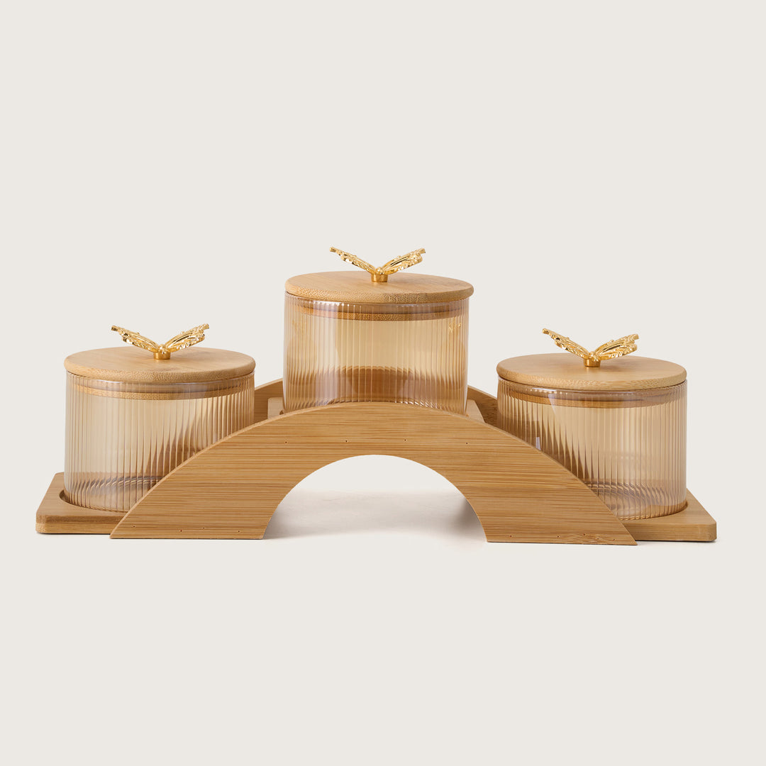 Ribbed Amber Glass Canister Set with Gold Butterfly Lids