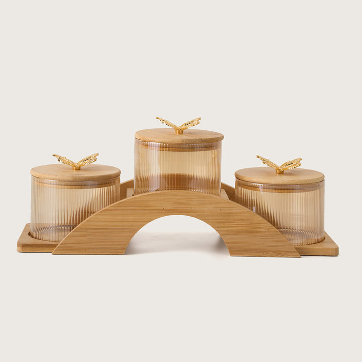 Ribbed Amber Glass Canister Set with Gold Butterfly Lids