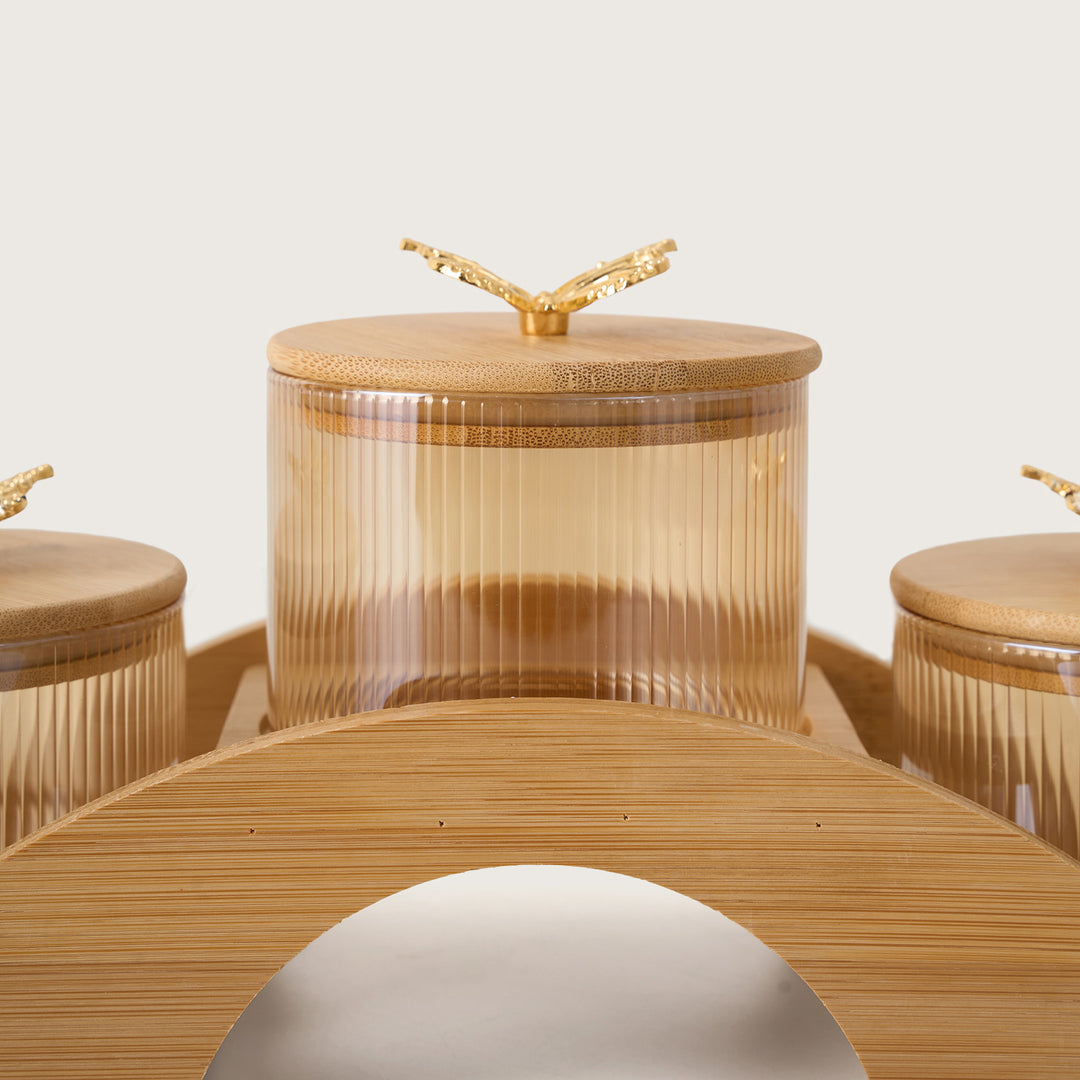 Ribbed Amber Glass Canister Set with Gold Butterfly Lids