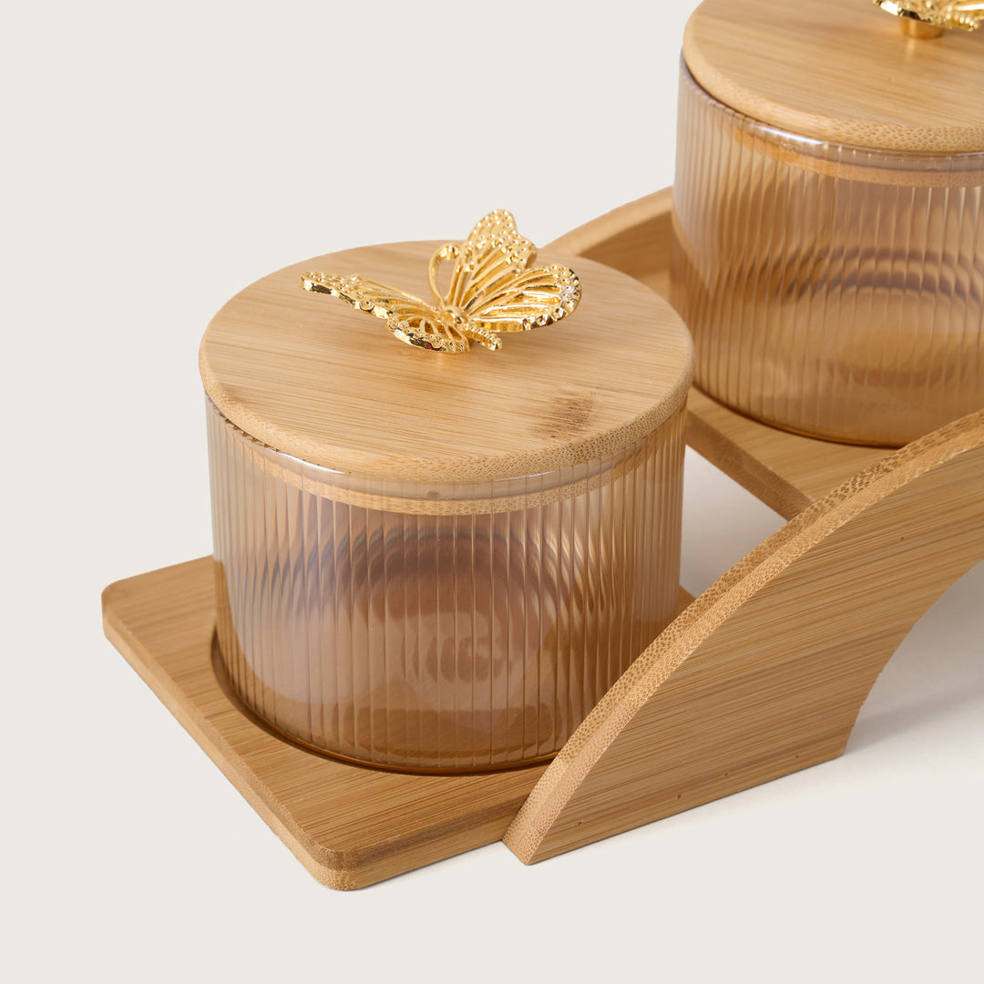 Ribbed Amber Glass Canister Set with Gold Butterfly Lids