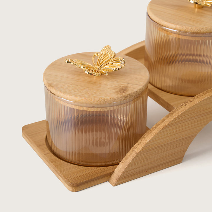Ribbed Amber Glass Canister Set with Gold Butterfly Lids