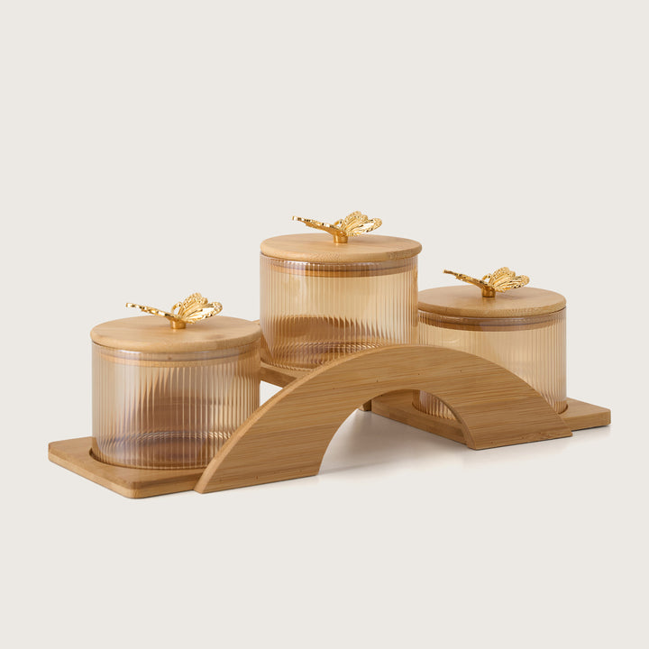 Ribbed Amber Glass Canister Set with Gold Butterfly Lids