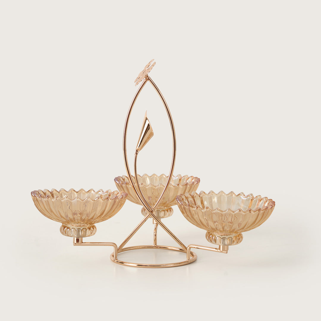 Gold Butterfly 3-Bowl Amber Glass Serving Stand