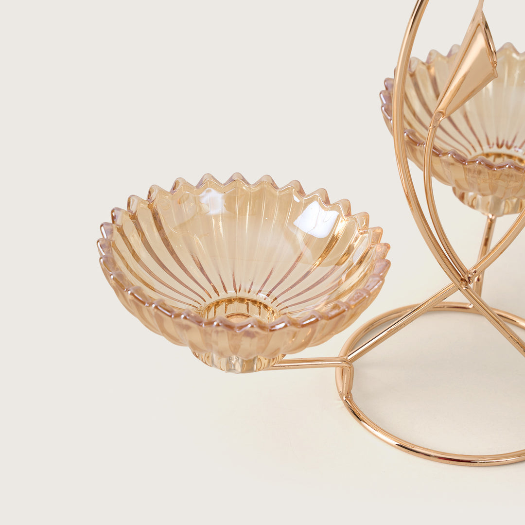 Gold Butterfly 3-Bowl Amber Glass Serving Stand