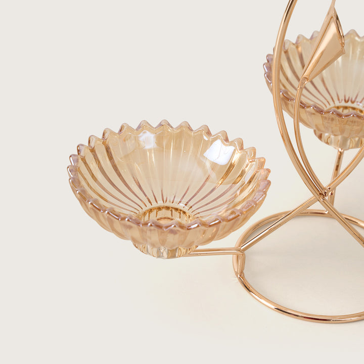 Gold Butterfly 3-Bowl Amber Glass Serving Stand