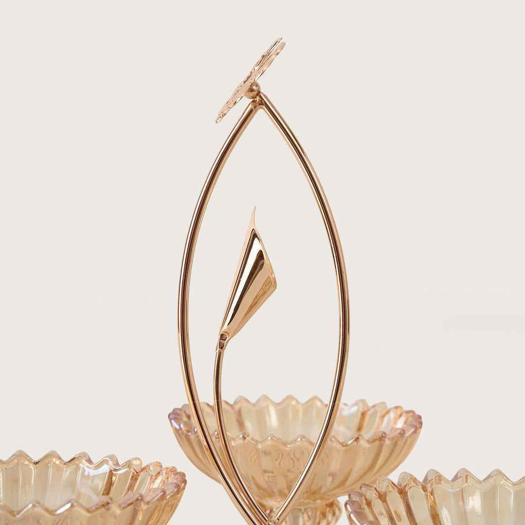 Gold Butterfly 3-Bowl Amber Glass Serving Stand