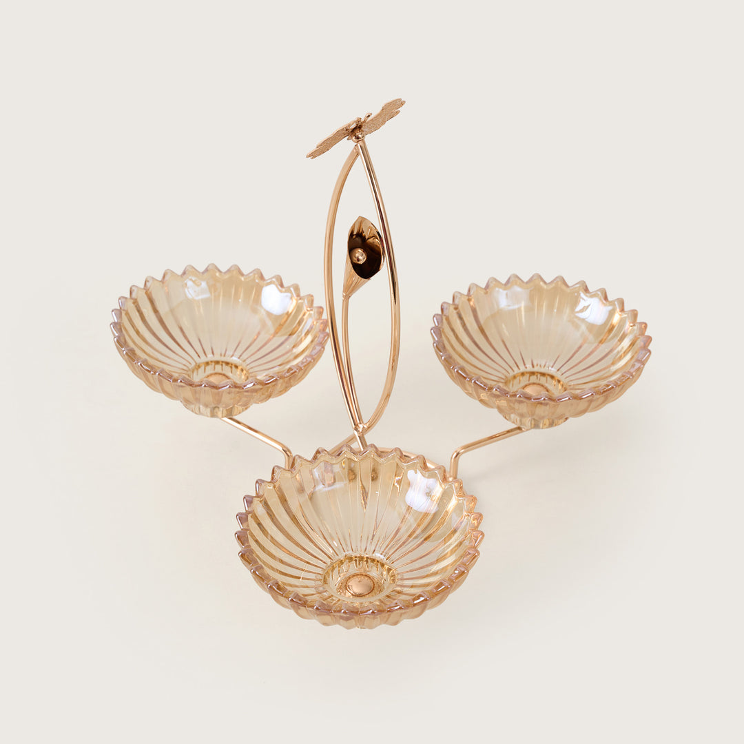 Gold Butterfly 3-Bowl Amber Glass Serving Stand