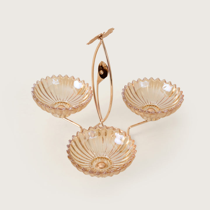 Gold Butterfly 3-Bowl Amber Glass Serving Stand