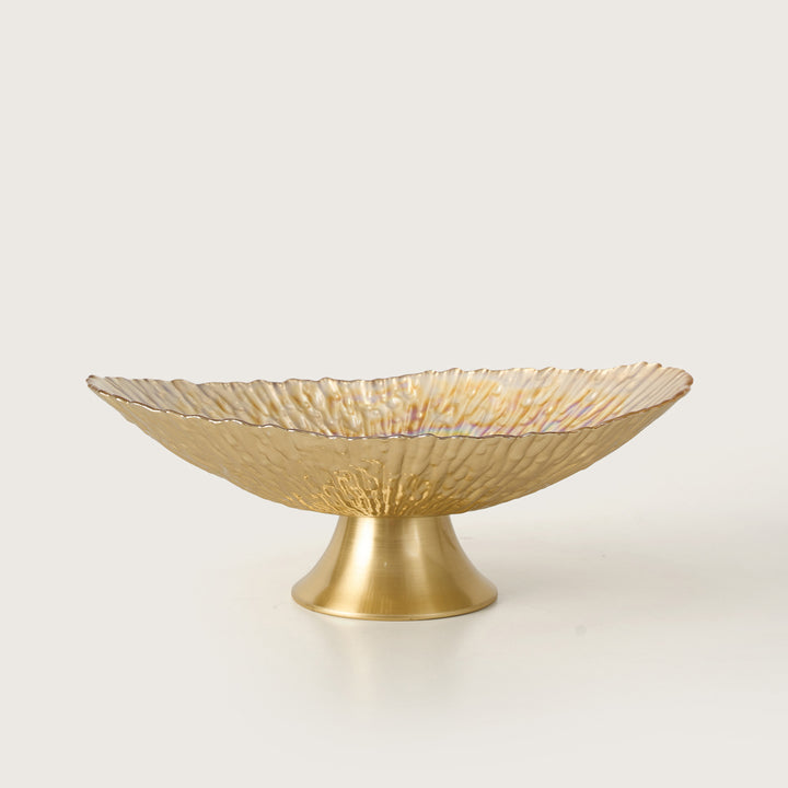 Amber Glass Fruit Bowl on Gold Pedestal Stand