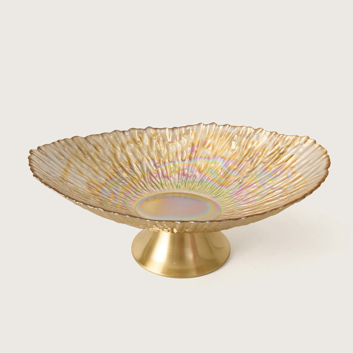 Amber Glass Fruit Bowl on Gold Pedestal Stand
