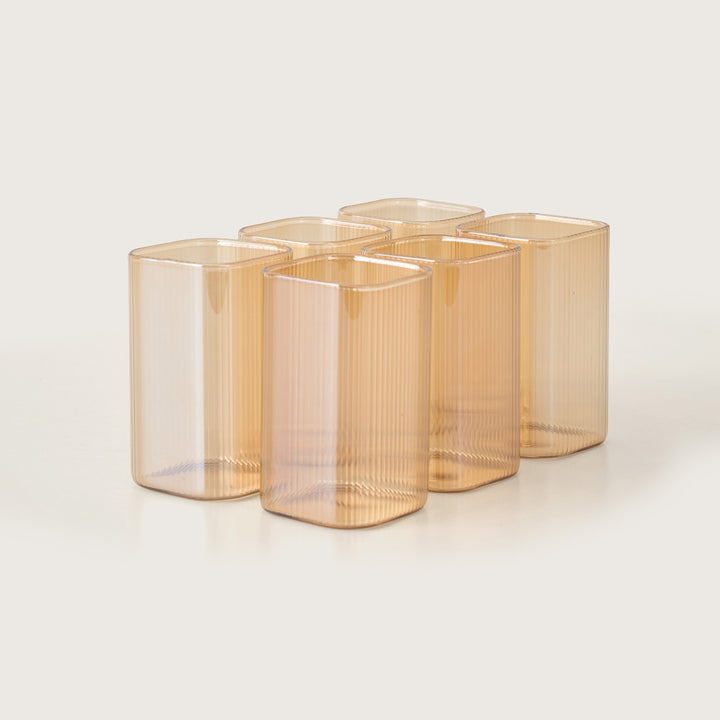 Modern Ribbed Amber Highball Glasses