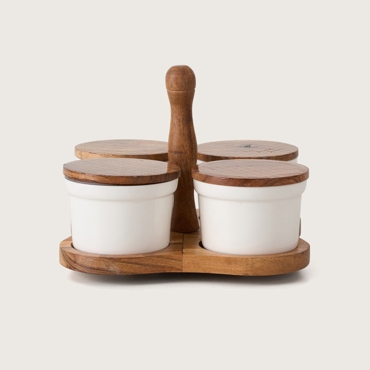 4-Container Wooden Caddy Snack Server Set