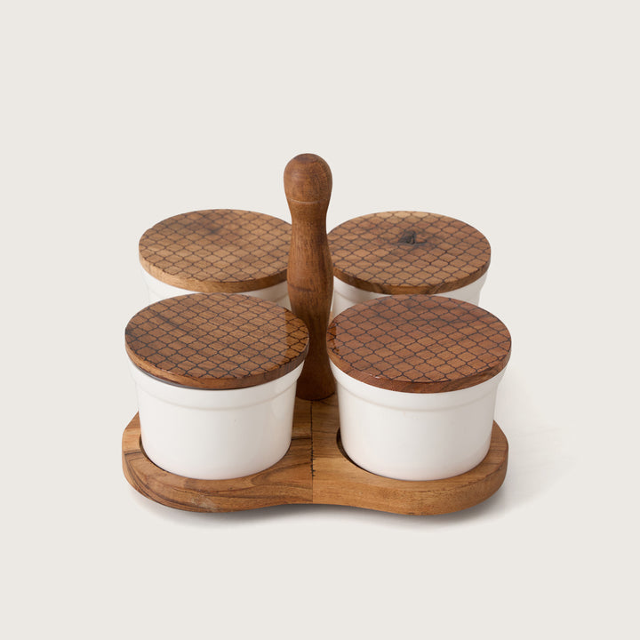 4-Container Wooden Caddy Snack Server Set