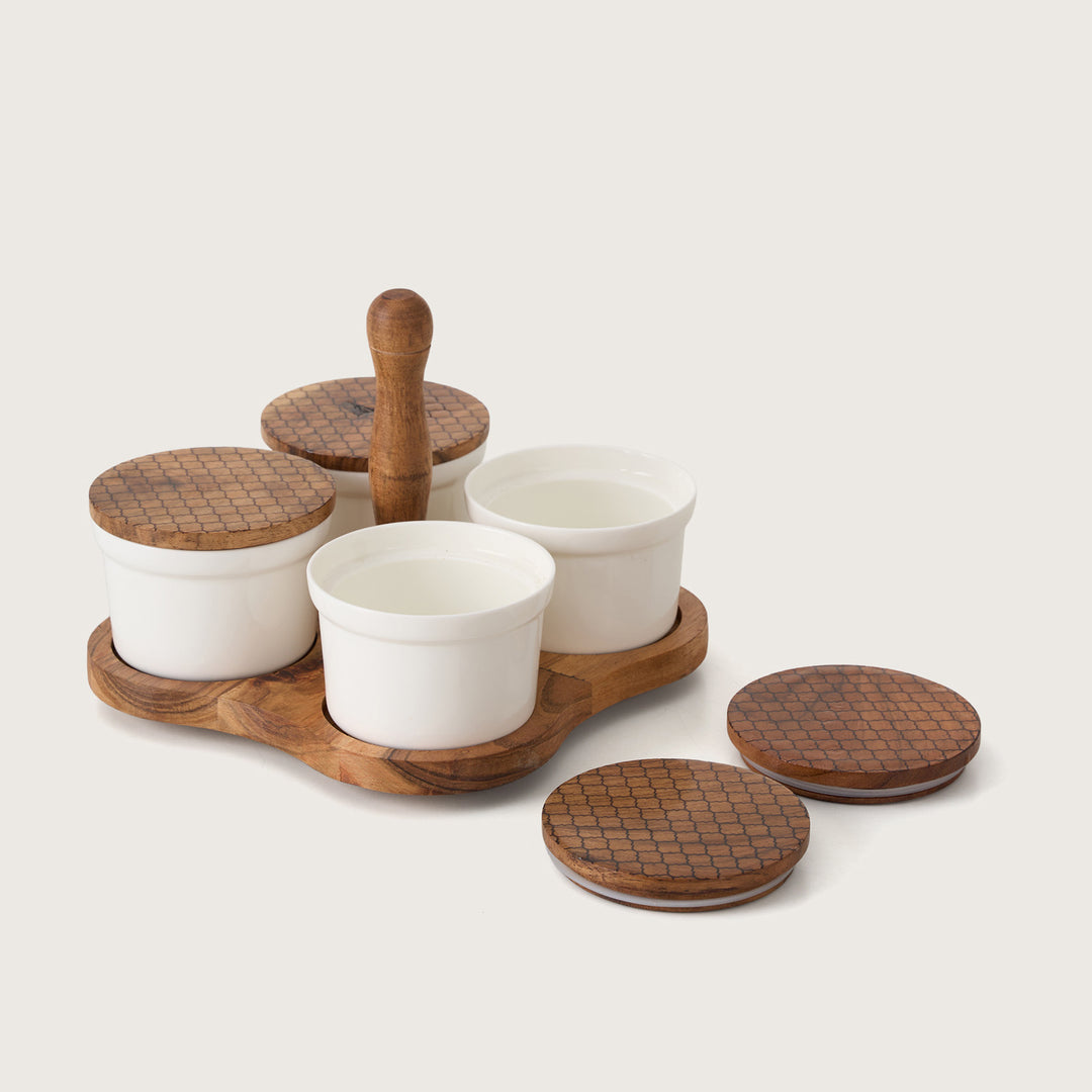 4-Container Wooden Caddy Snack Server Set