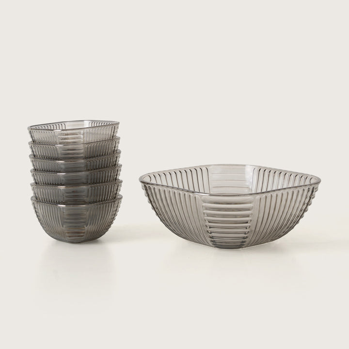Smoked Grey Fluted Glass Dessert Bowl Set