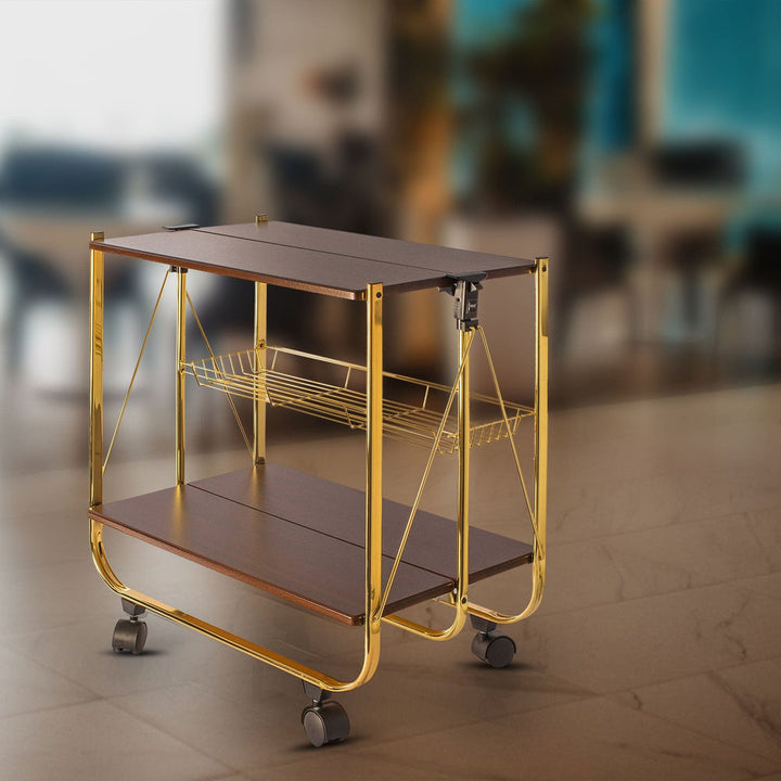 WOODEN FOLDABLE SERVICE TROLLEY WITH METAL FRAME