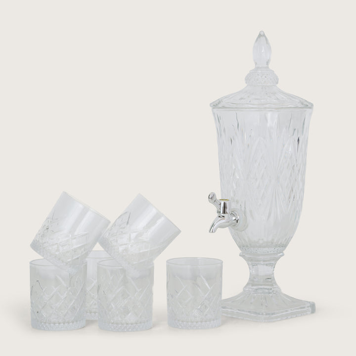Beverage Glass Dispenser 2000ML with Glass Tumblers 350ML Set of 6 | Stripe