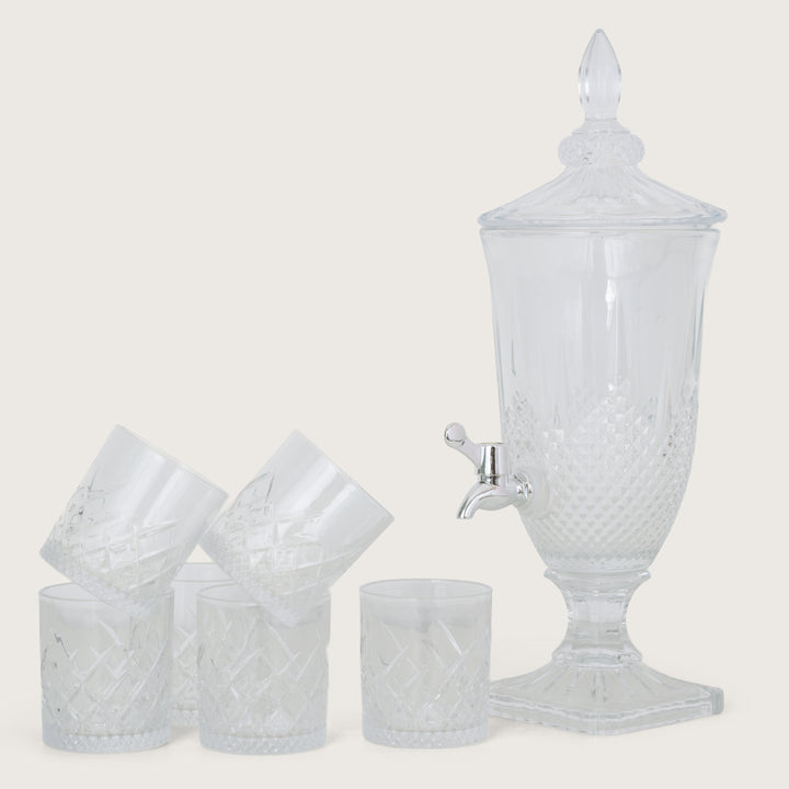 Beverage Glass Dispenser 2000ML with Glass Tumblers 350ML Set of 6 | Diamond