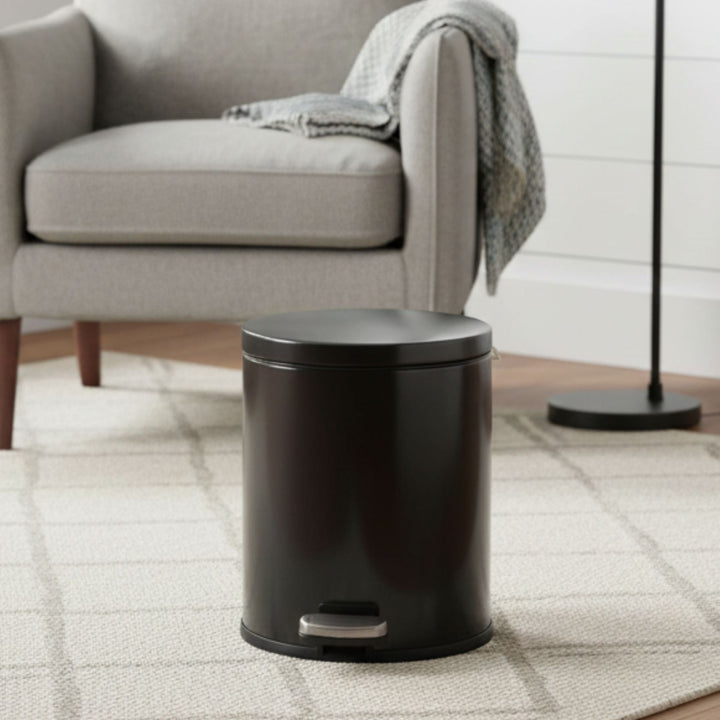 European Black Stainless Steel Pedal Dustbin - Round Step Trash Can