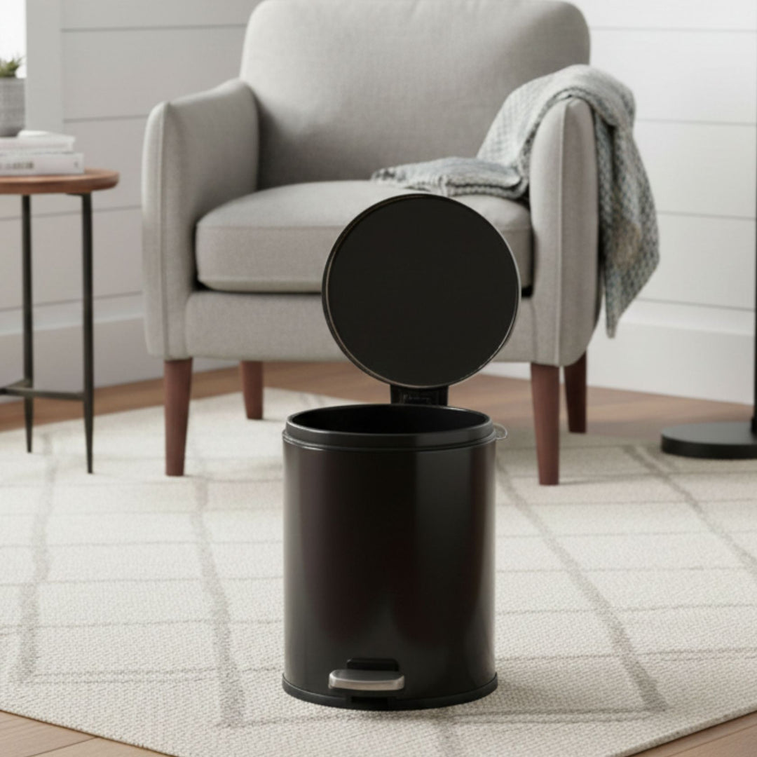 European Black Stainless Steel Pedal Dustbin - Round Step Trash Can