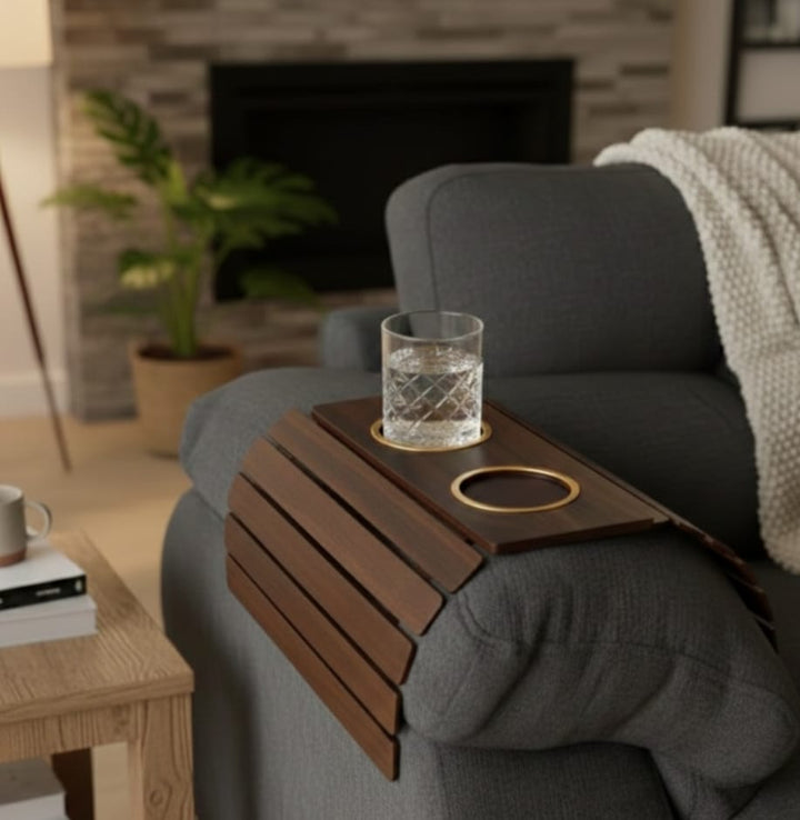 Contemporary Espresso Rigid Sofa Armrest Tray with Anti-Slip Center