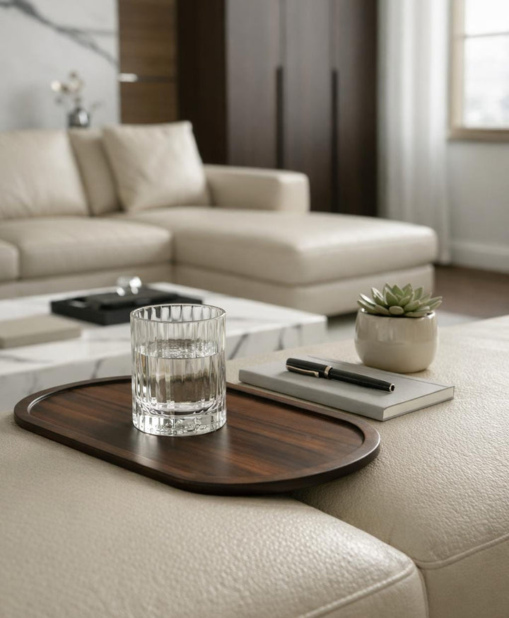 Contemporary Oak-Tone Oval Sofa Tray