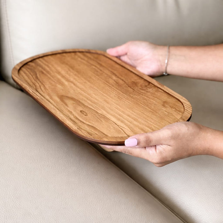 Contemporary Oak-Tone Oval Sofa Tray