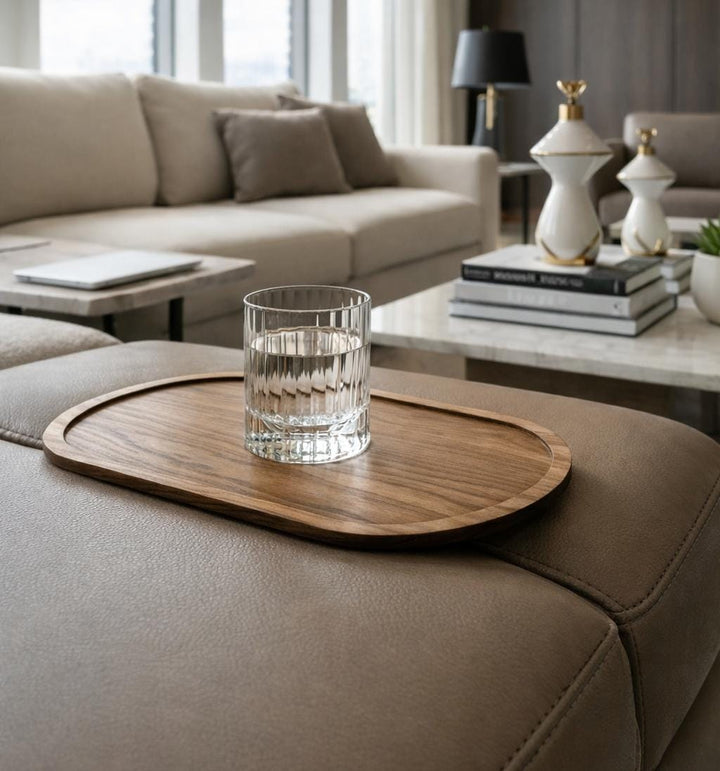 Contemporary Oak-Tone Oval Sofa Tray