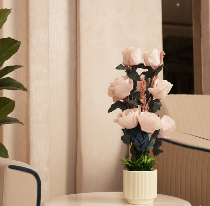 Artificial White Roses With Ceramic Pot