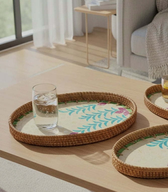 Artisan Oval Serving Tray Handcrafted Vivid Floral Centerpiece - Small