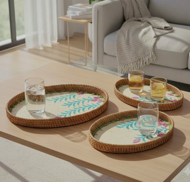 Artisan Oval Serving Tray Handcrafted Vivid Floral Centerpiece - Small