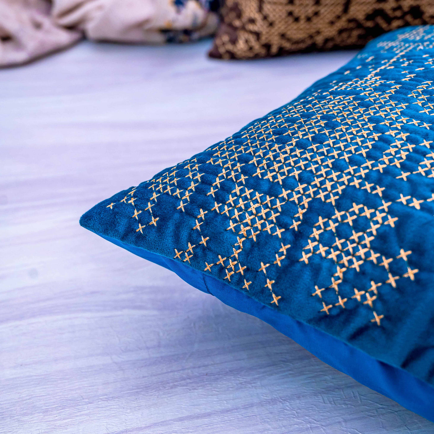 Teal embroidered cushion cover by Home 360