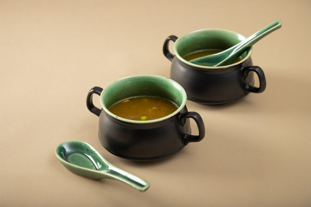 Sage Green Soup Mugs & Spoons (Set of 2)